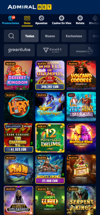 Interfaz de la AdmiralBet App