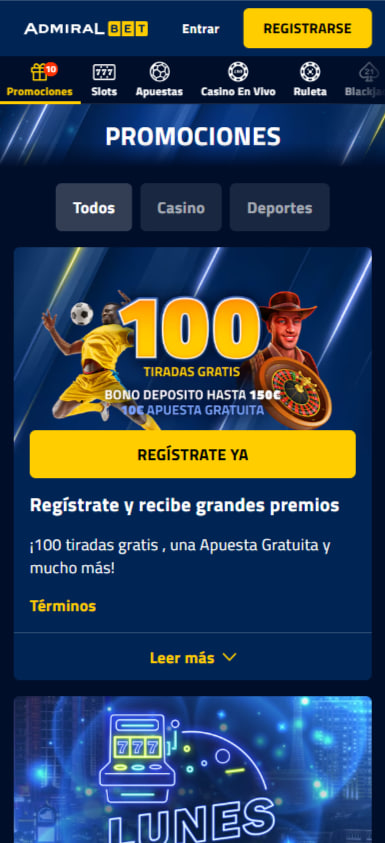 Interfaz de la AdmiralBet App